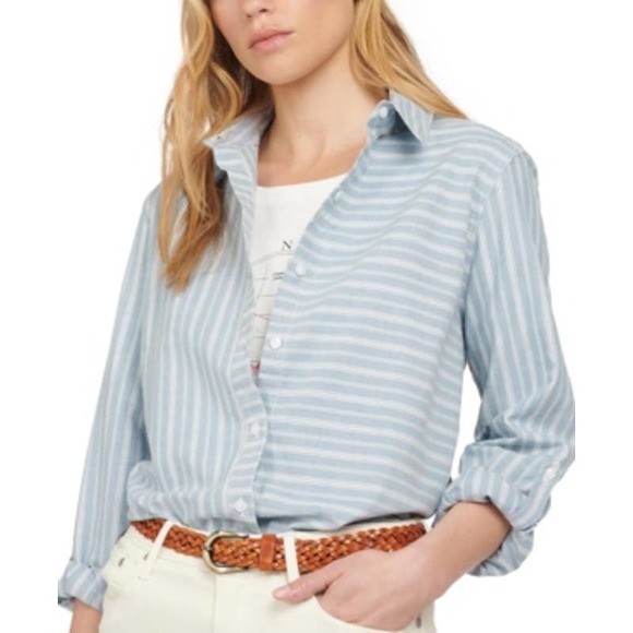 Barbour Tops - NWT Barbour Women Foxton Cotton Striped Shirt Blouse Roll Tab Sleeve Size 8 Blue